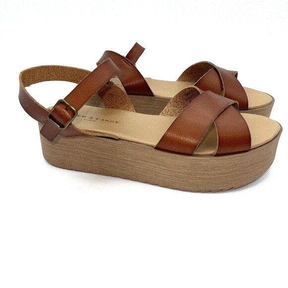 Rock & Candy Platform Sandals Womens 8.5 Brown Cris Cross Strappy Ankle Strap - Picture 1 of 9